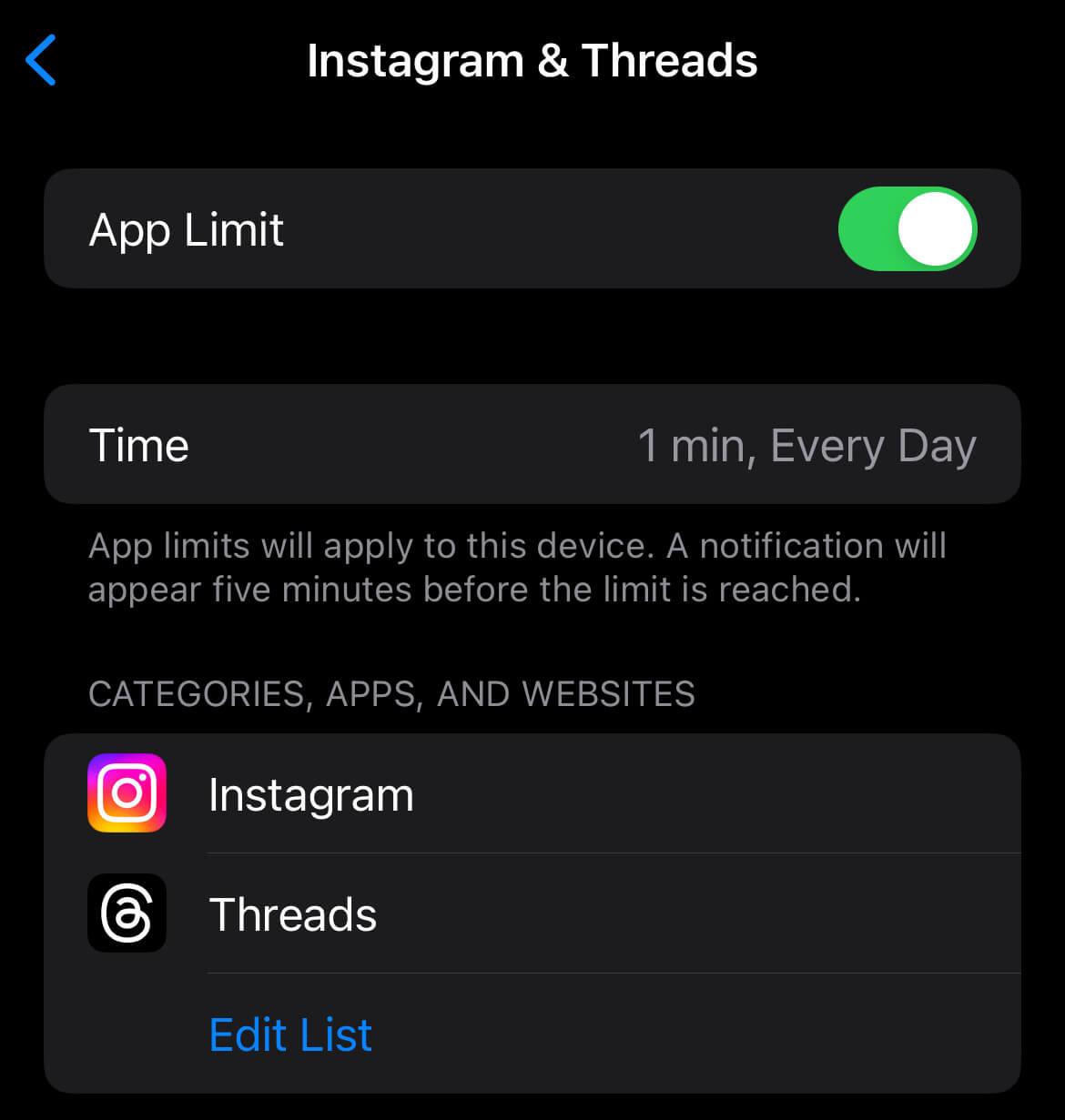 instagram app usage time setting