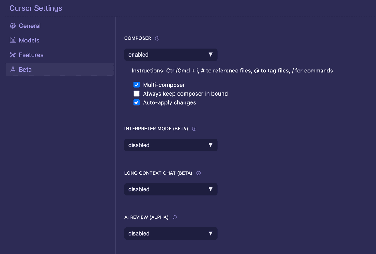 cursor-settings beta features